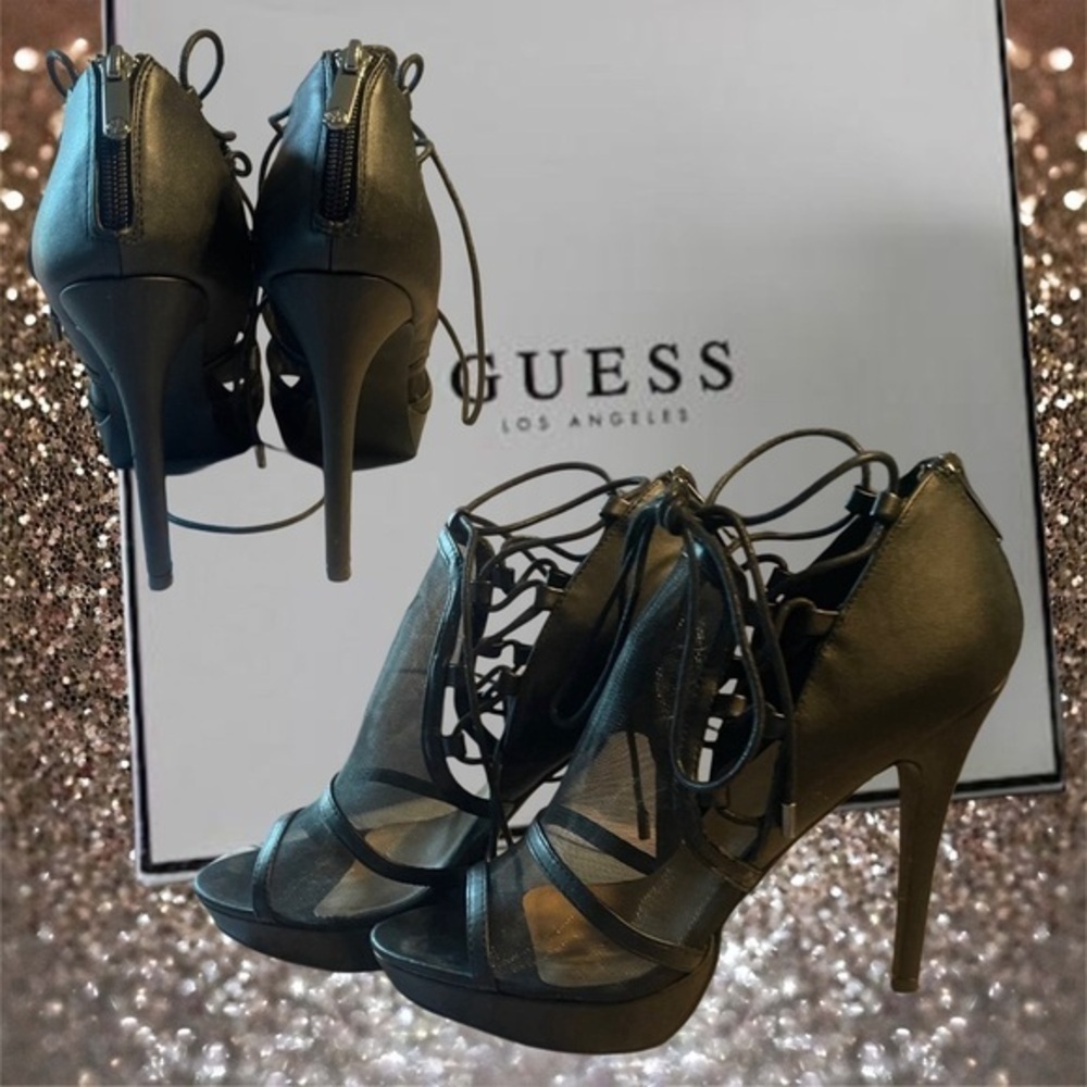Guess NIB Open Toe Black Zip Stiletto 4” heels, Woman’s Sz 8.5
